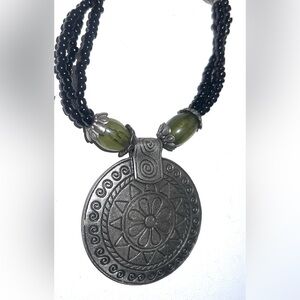 Boho Statement Pendant Necklace Black Beads‎ Green Accents Tribal Style